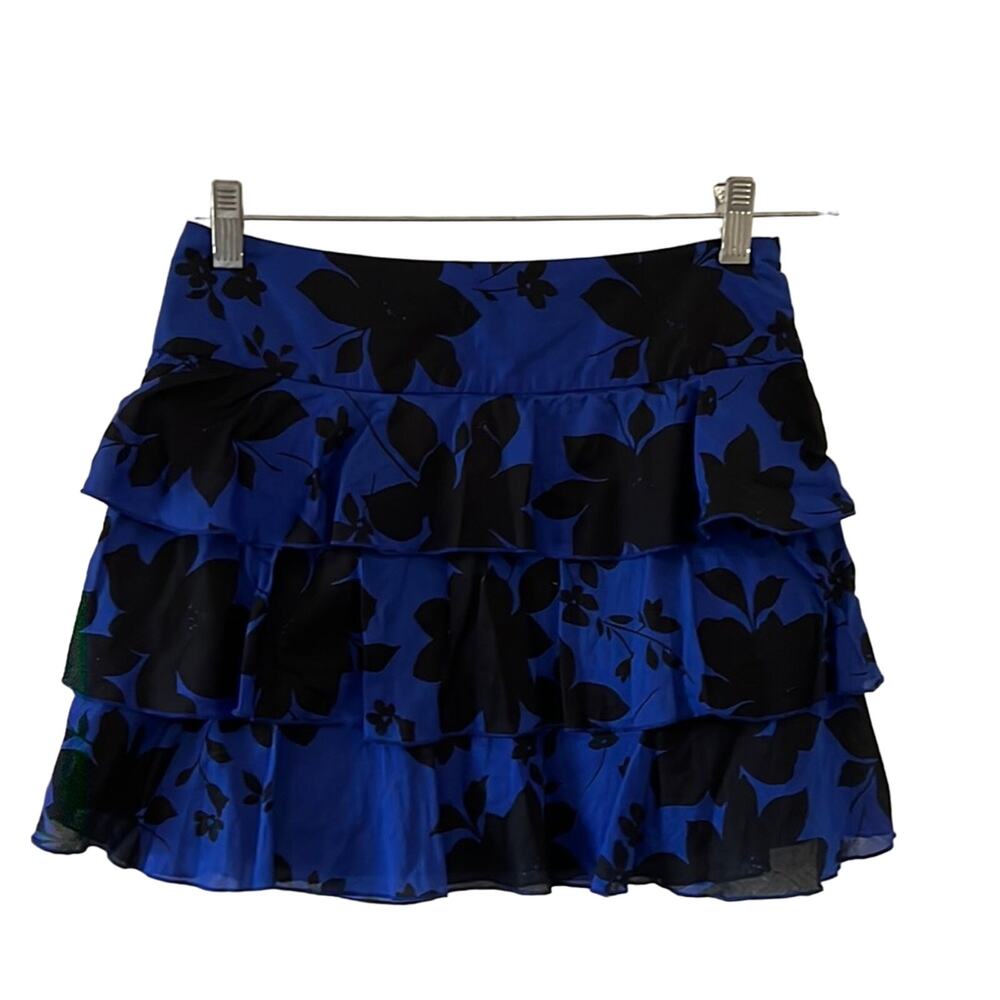Express Blue with Black Floral Print Tiered Mini Skirt Woman Size 00 Y2K